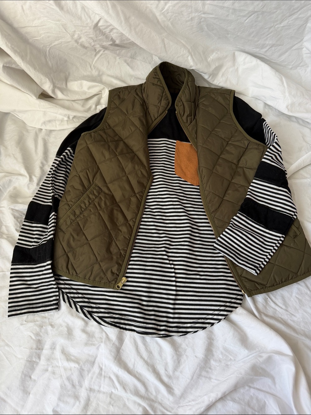 Olive Quilted Vest and black and white striped shirt- Women's Lightweight Layer